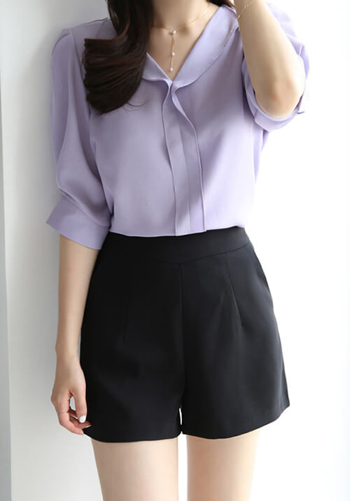 正韓 雪紡七分袖襯衫 - 淺紫色