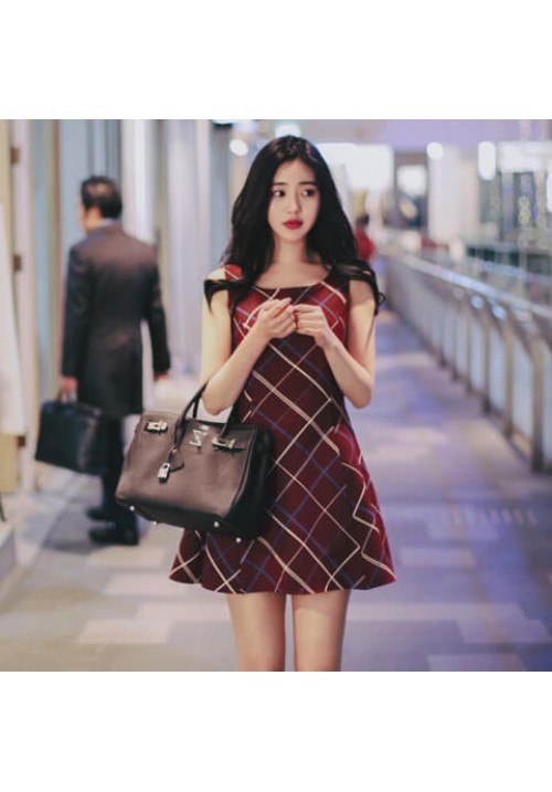 韓國平價服飾 - 現貨 - 酒紅格子綁帶蝴蝶結A字連身裙
