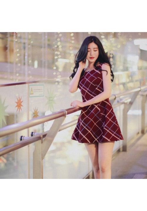 韓國平價服飾 - 現貨 - 酒紅格子綁帶蝴蝶結A字連身裙