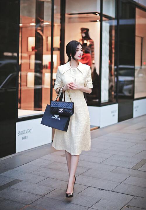 現貨 - 韓國平價服飾 小香風斜紋軟呢連身裙