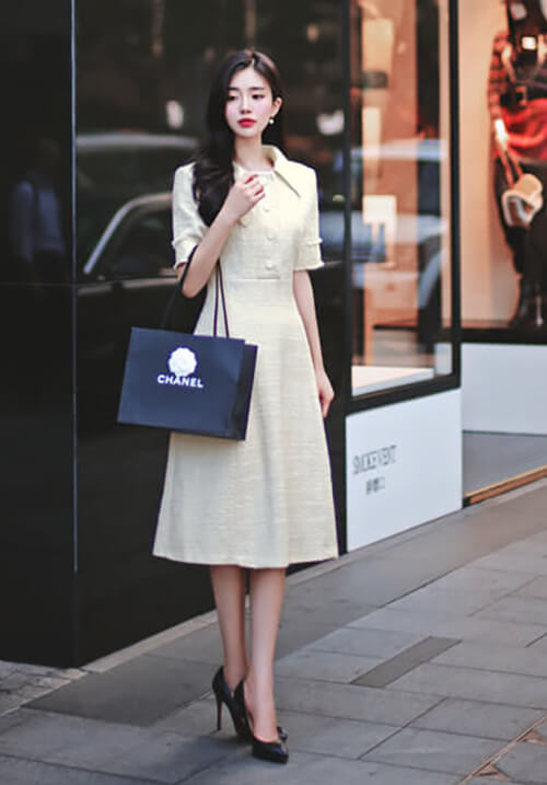 現貨 - 韓國平價服飾 小香風斜紋軟呢連身裙