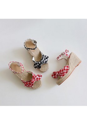 韓國平價服飾 帆布鞋楔形格紋涼鞋 - 雙色可選-紅色款為-現貨