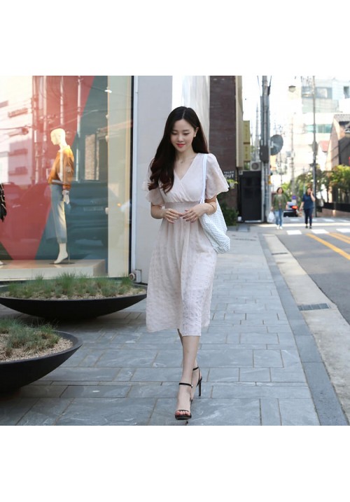 韓國平價服飾 - 現貨 - 雪紡V領中長連身裙