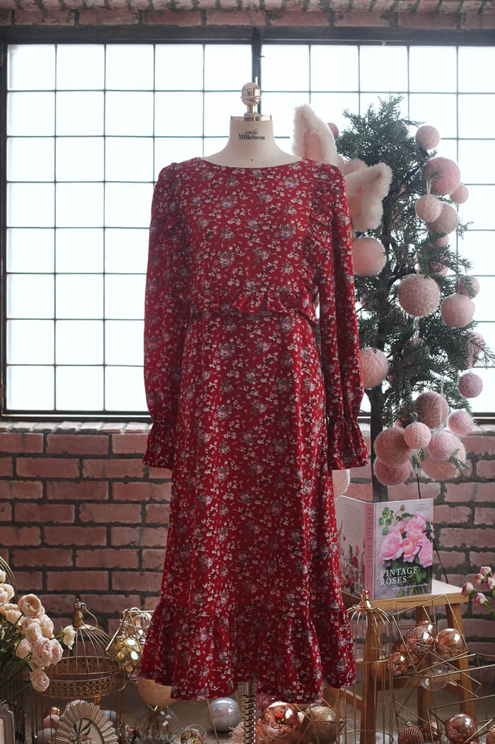 正韓 紅色花雪紡長版連身裙