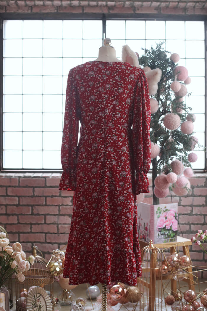正韓 紅色花雪紡長版連身裙