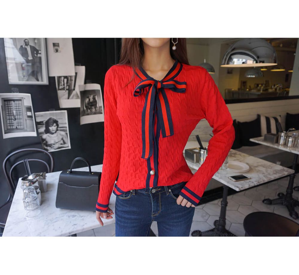 韓國平價服飾 彩色緞帶珍珠鈕扣開襟羊毛衫