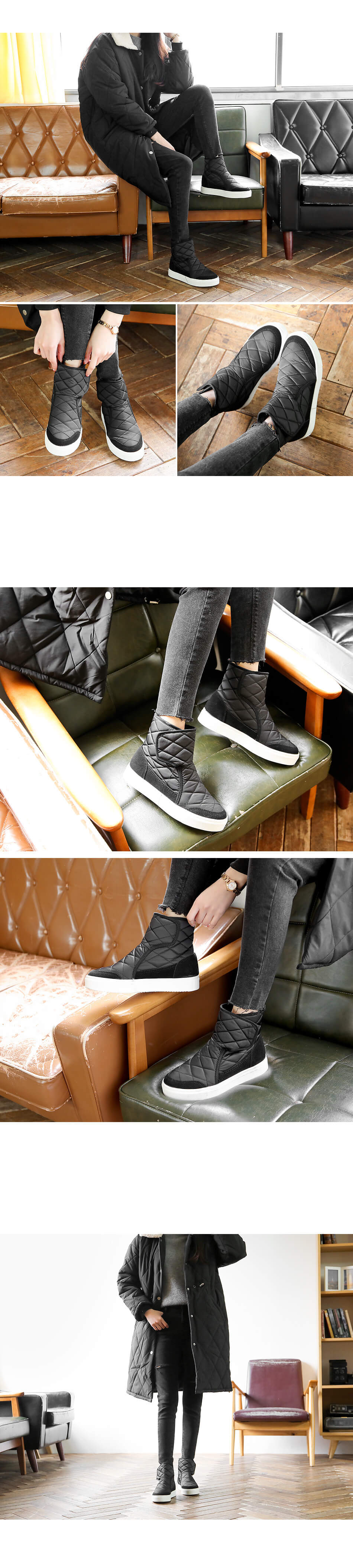正韓 質感雙材質麂皮菱格紋保暖靴