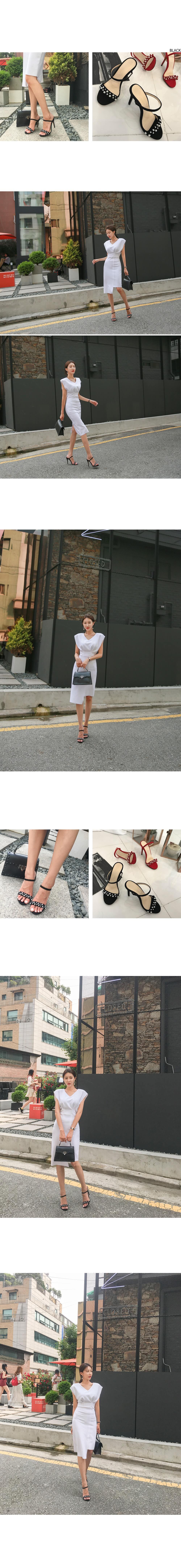 韓國平價服飾 麂皮珍珠帶涼跟鞋